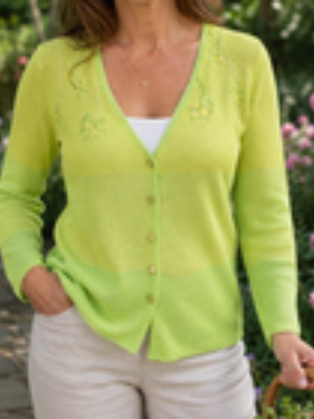 ESCADA Lime Yellow Womens Cardigan Sweater Embroidered Sz 38
